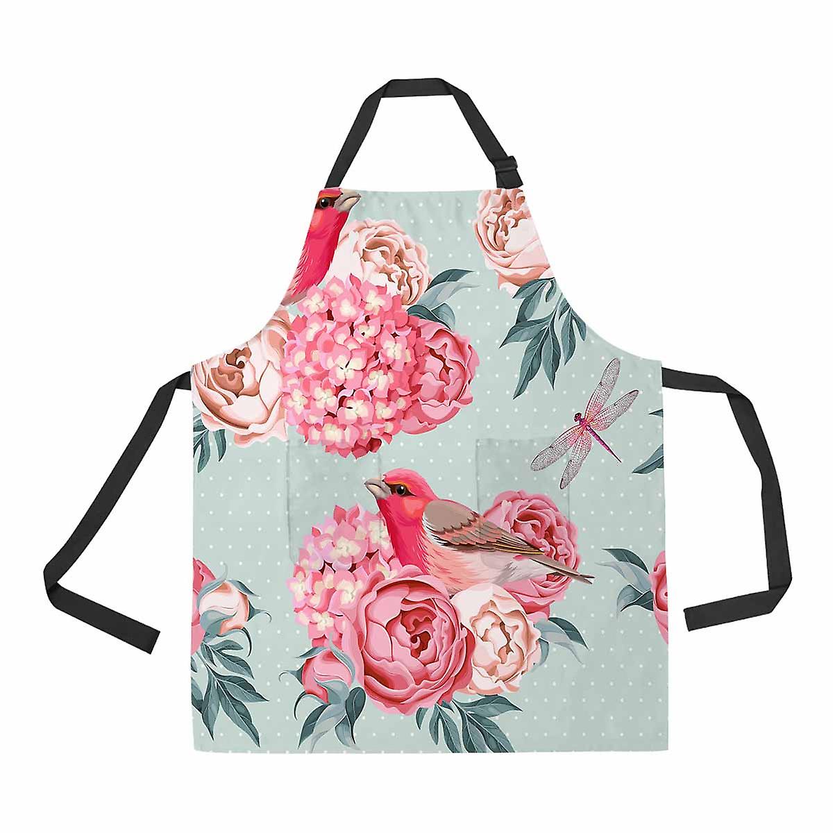 Birds Flowers Unisex Adjustable Bib Apron With Pockets For Commercial Restaurant And Home Kitchen Use