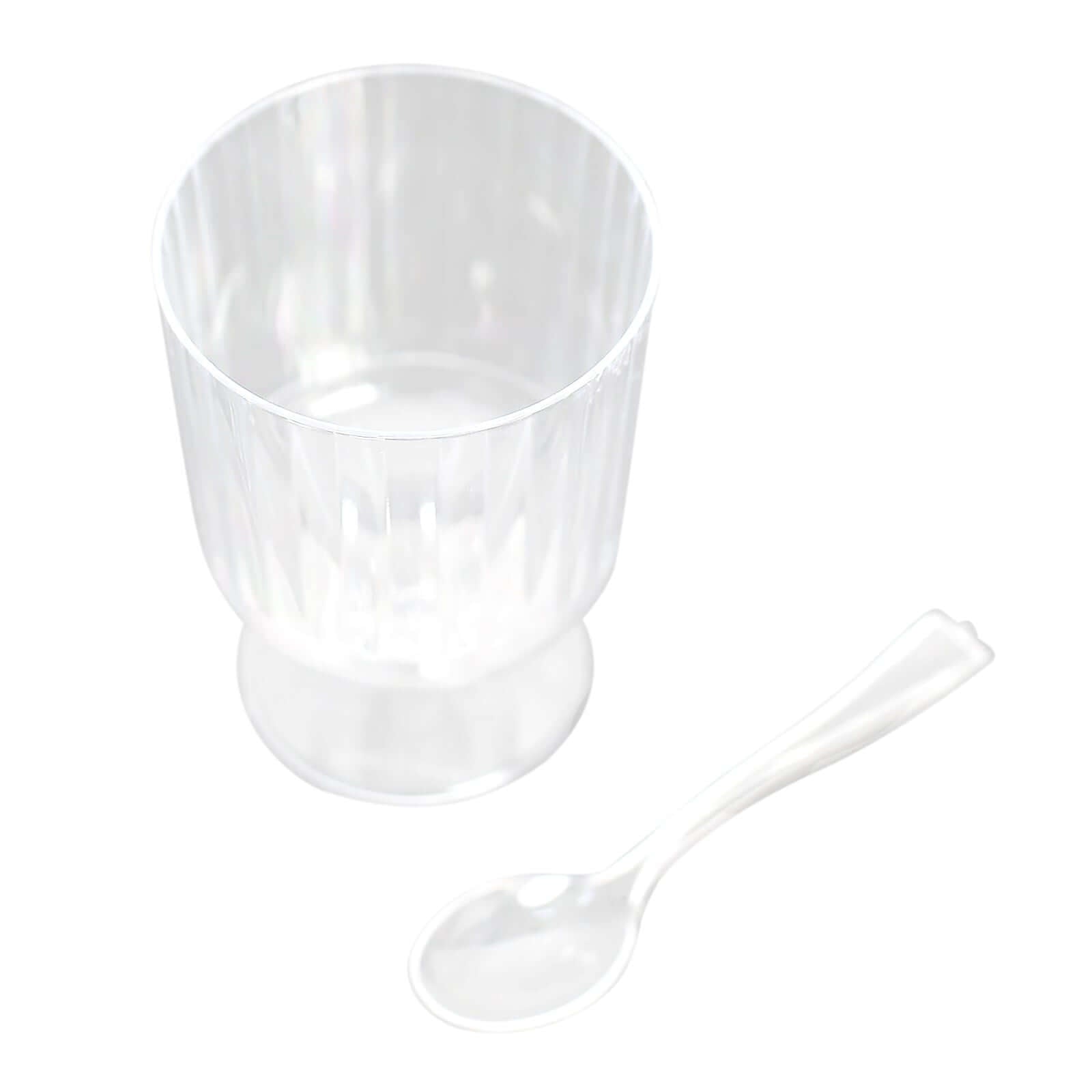 24 Pack Clear Mini Ribbed Pedestal Plastic Dessert Cups With Spoons, Disposable Snack Cup Spoon Sets 5oz