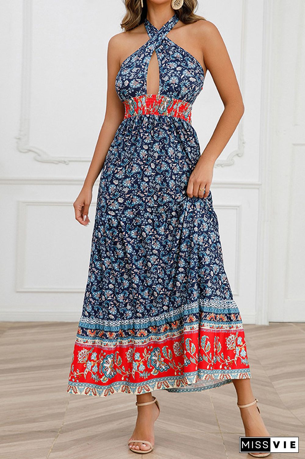 Twisted Halter Hollow Out Smocked Waist Boho Floral Maxi Dress