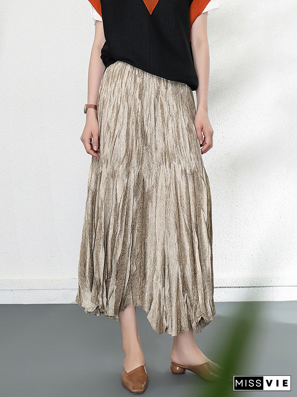 A-Line High Waisted Elasticity Pleated Solid Color Skirts Bottoms