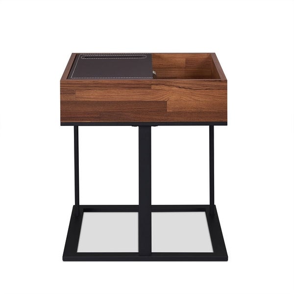 End Table in Espresso，Crafted with walnut veneer and sandy black metal Black Metal Tube Powder Coating 2 Top Compartments