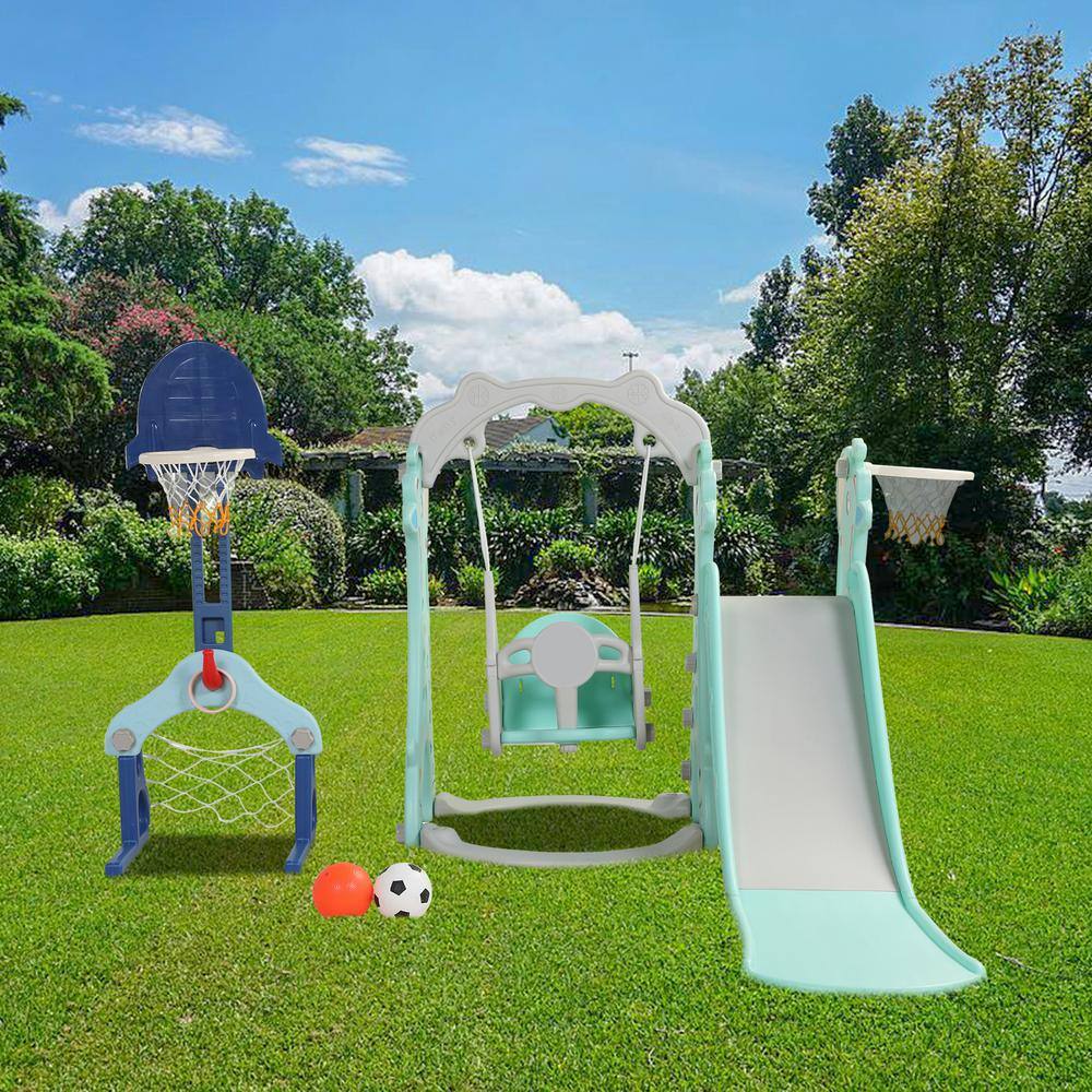 TIRAMISUBEST OutdoorIndoor HDPE 5-in-1 Playset with Slide Swing and Ball HoopGate DXY0102HPSXGW