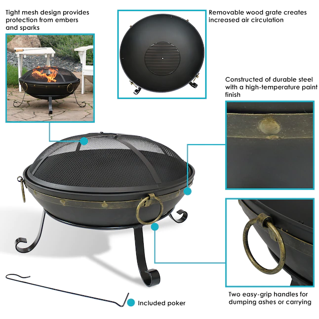 Sunnydaze Decor NB-147 25.75-in W Black Steel Wood-Burning Fire Pit