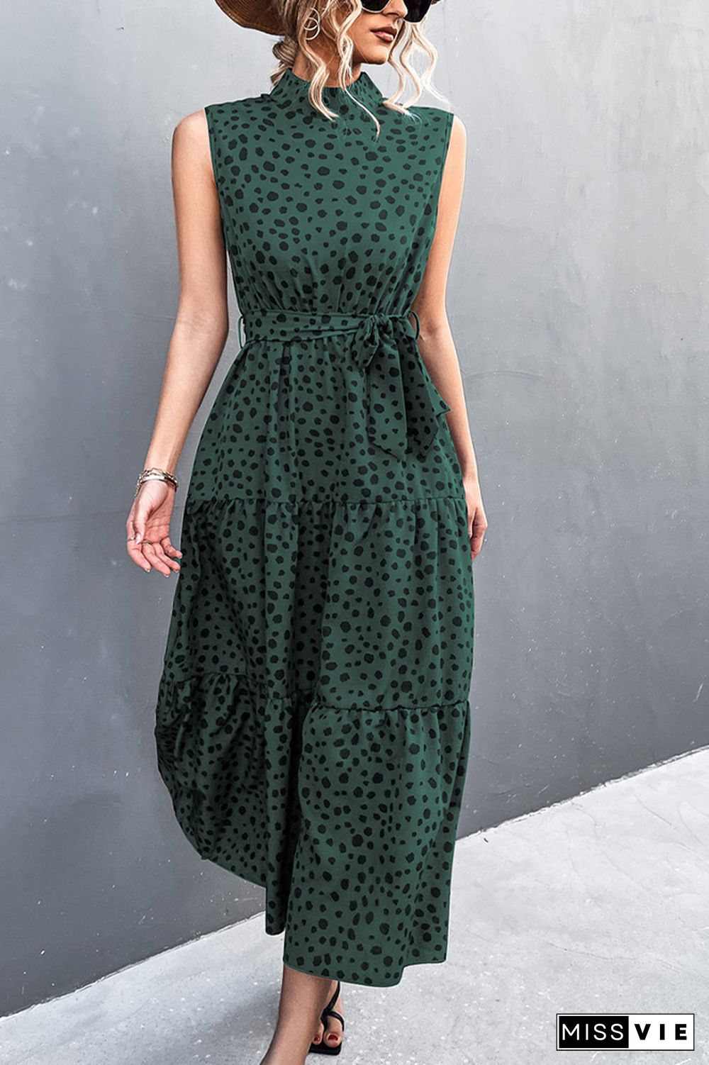 Sleeveless Leopard Printed Long Dress With Belt Wholesale