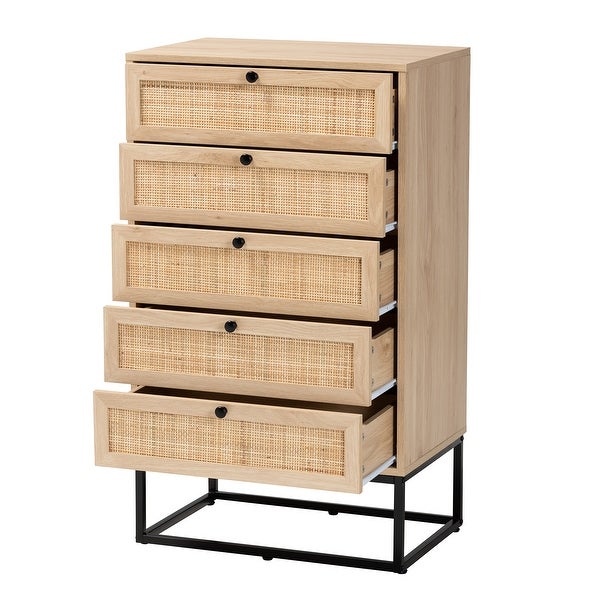 Amelia Mid-Century Modern Transitional Natural Brown Finished Wood and Natural Rattan 5-Drawer Storage Cabinet - - 36620824