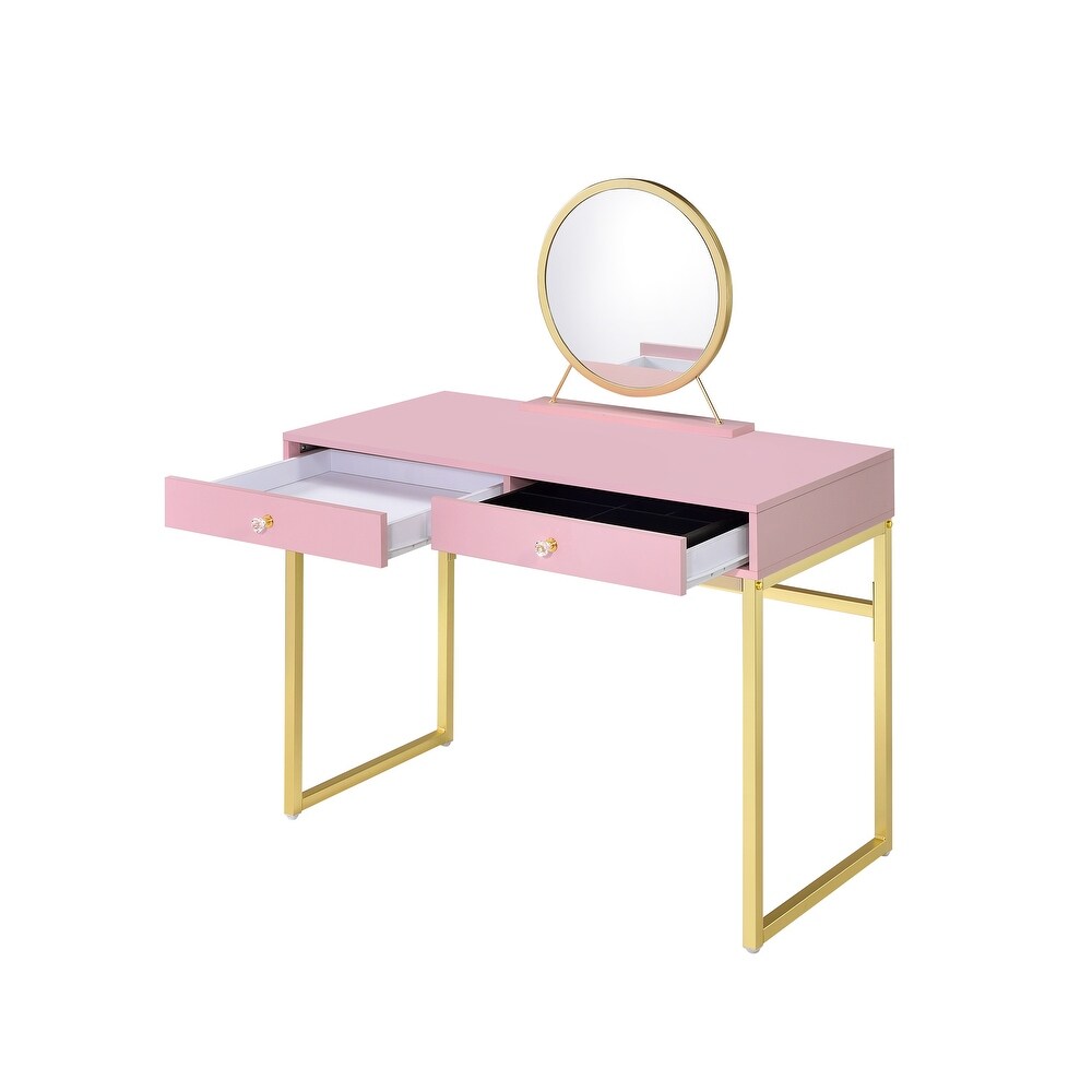 Gold Finish Vanity Desk with Mirror and Jewelry Tray