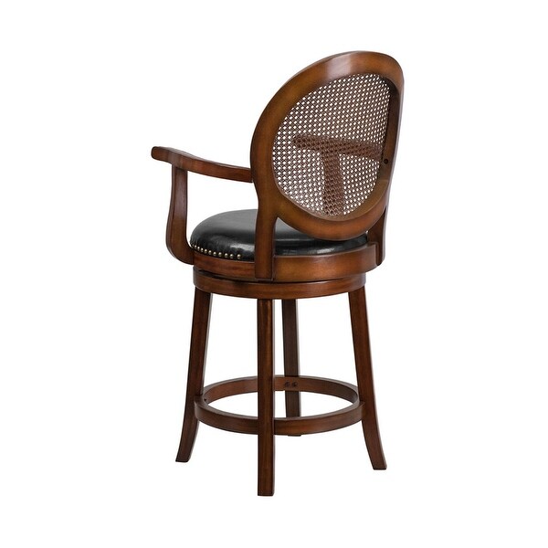 Offex 26'' High Expresso Wood Counter Height Stool with Arms， Woven Rattan Back and Black LeatherSoft Swivel Seat - N/A