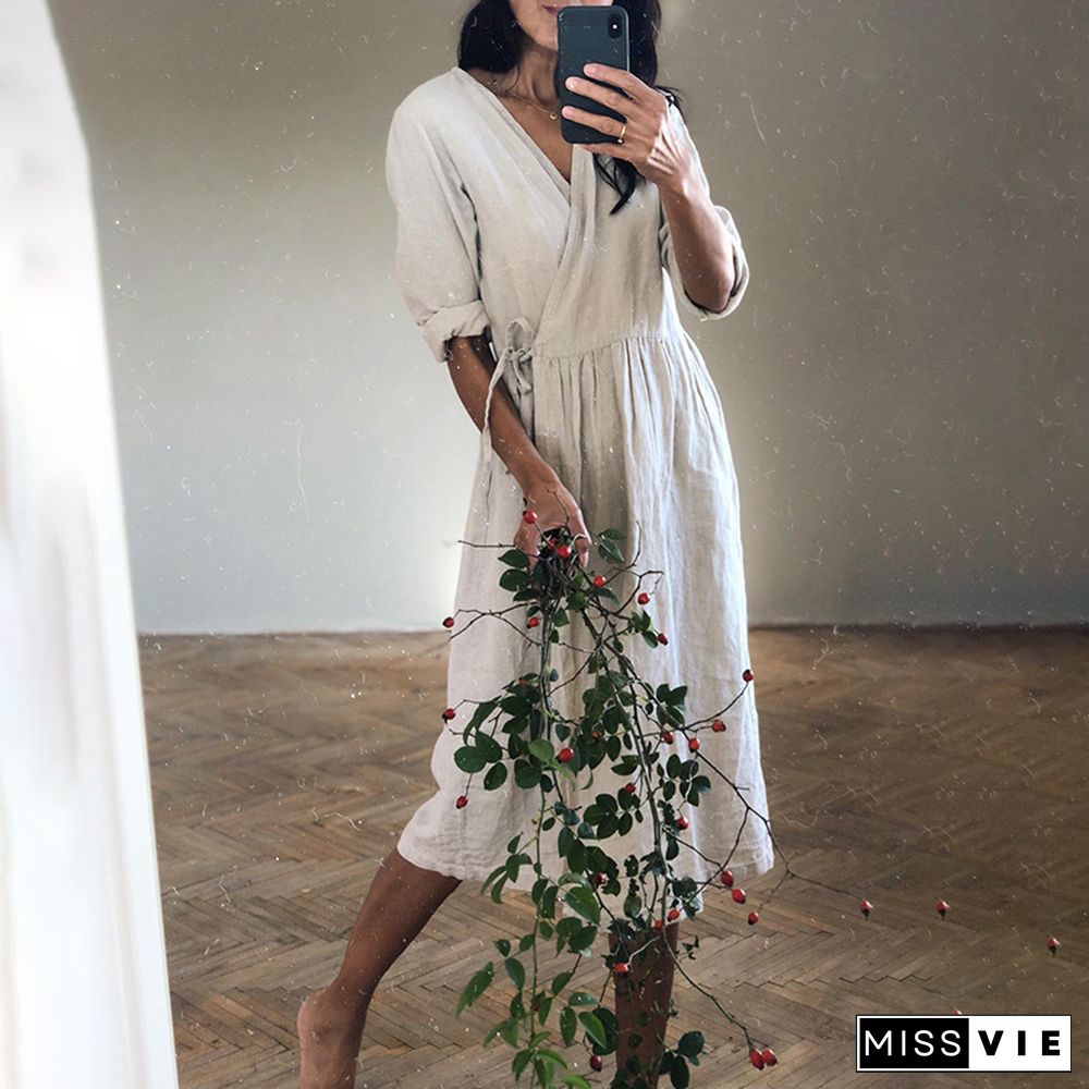 Casual V Neck Solid Tie Wrap Midi Dress