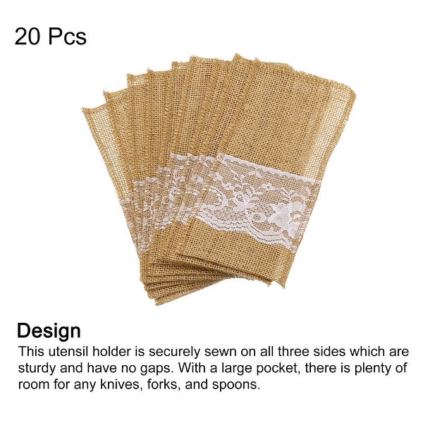 20Pcs Burlap Lace Utensil Holder Knife Fork Bags Cutlery Pouch for Wedding Decor - Light Brown