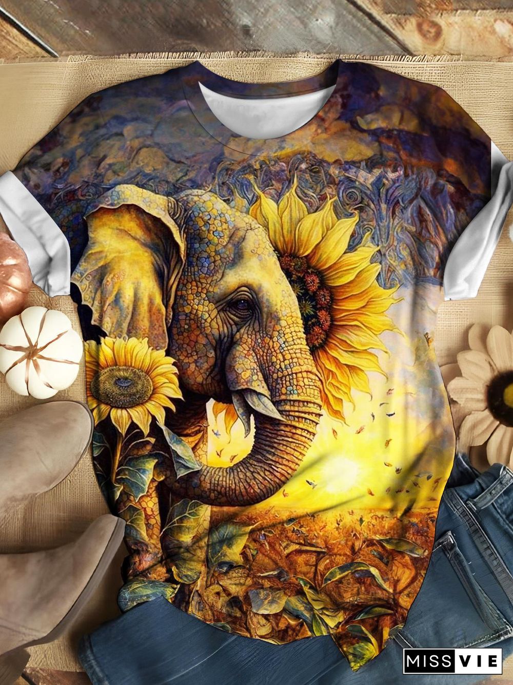 Sunflower Field Elephant Print Casual T-shirt