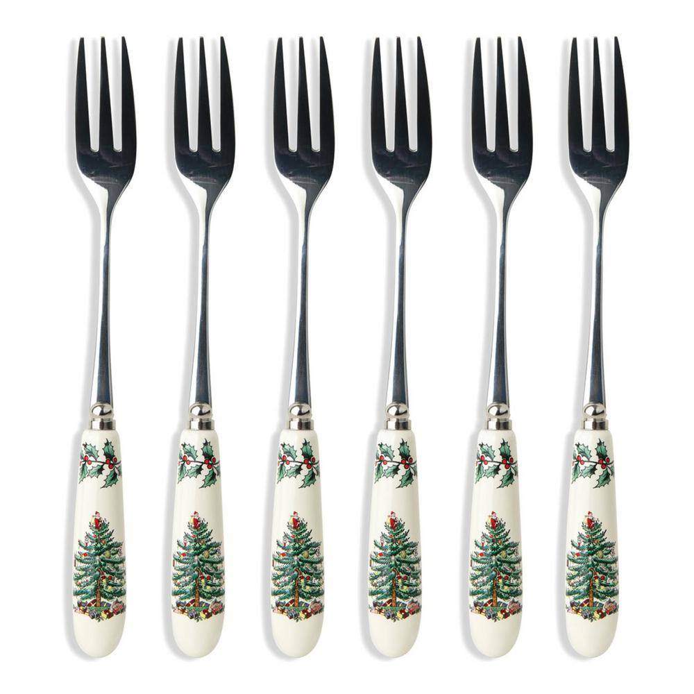 Spode Christmas Tree 6 in. 6-Piece Stainless Steel and White Ceramic Pastry Fork Flatware Sets 1502659