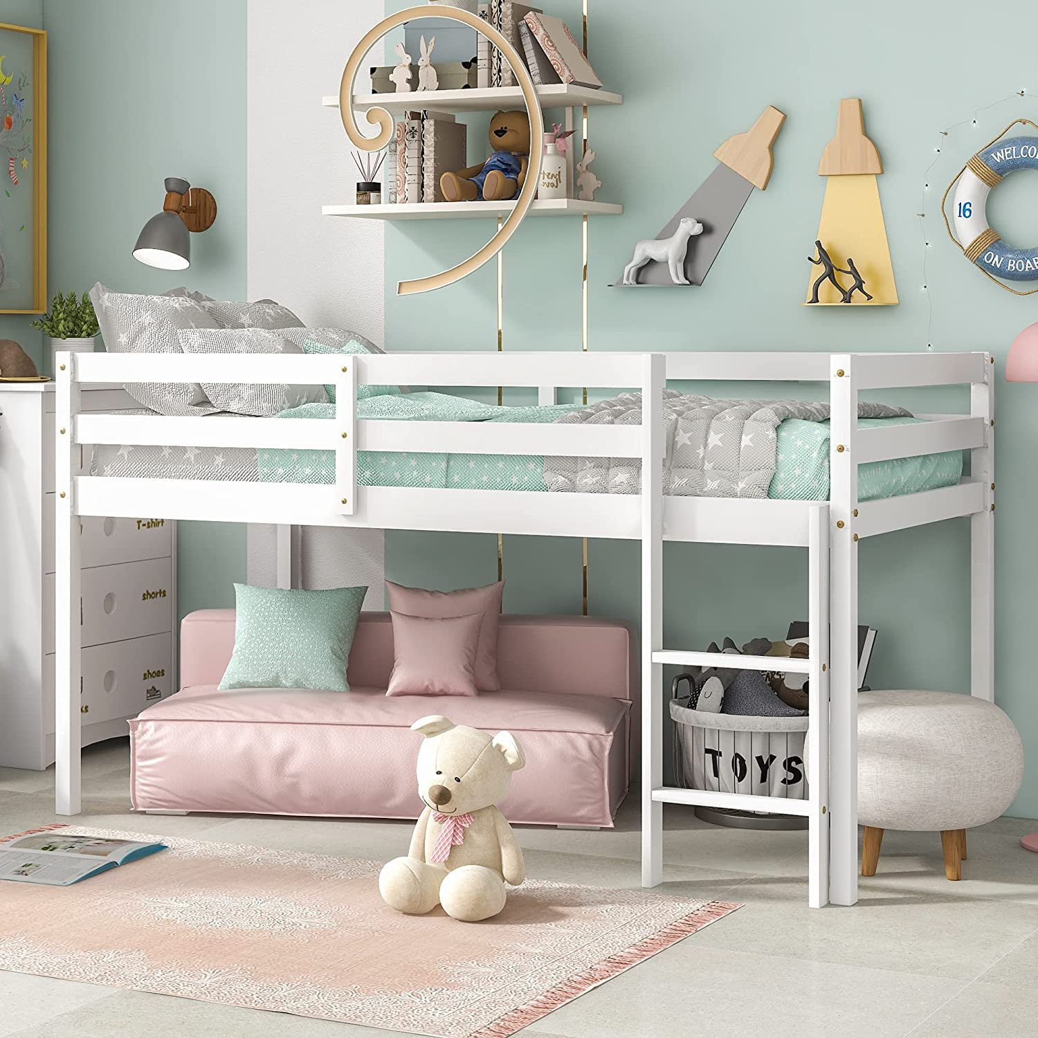 Twin Wood Loft Bed with Full-length Safety Rail and Ladder, Modern Loft Bed Frame for Kids Teens Adult, Space Saving Bedroom Low Loft Bed, No Box Spring Needed, White, J2309