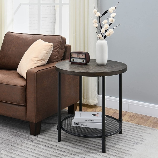 Round Industrial End Table， 2-Tier