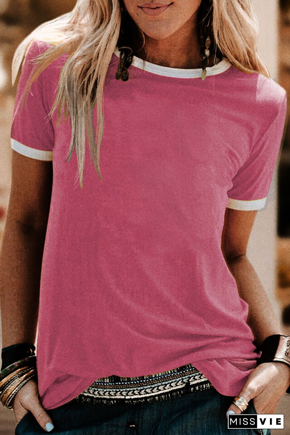 Colorblock Round Neck Short Sleeve T-Shirt