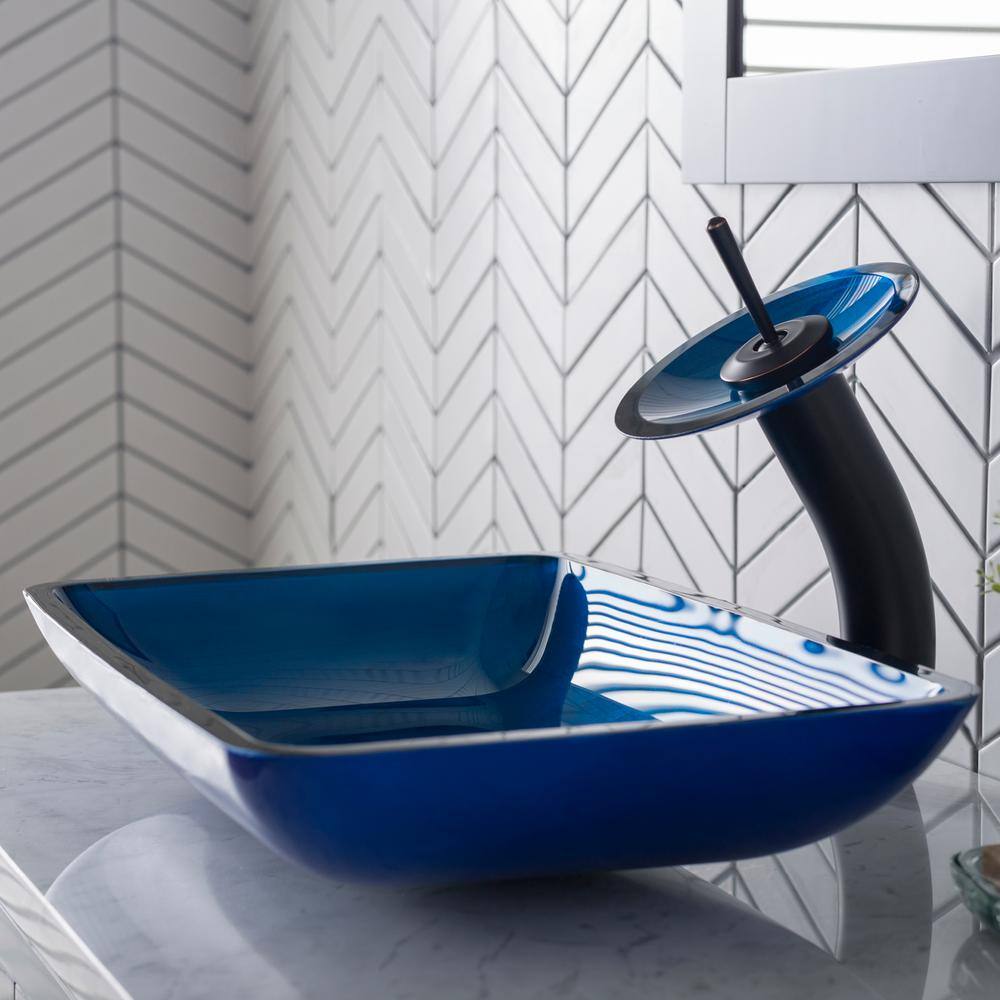 KRAUS Irruption Rectangular Glass Vessel Sink in Blue with Waterfall Faucet in Oil Rubbed Bronze C-GVR-204-RE-10ORB