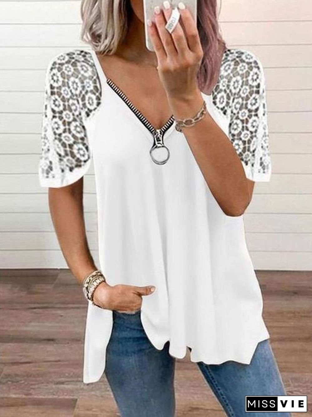 Casual Lace Patchwork V-neck Hollow Out T-Shirts