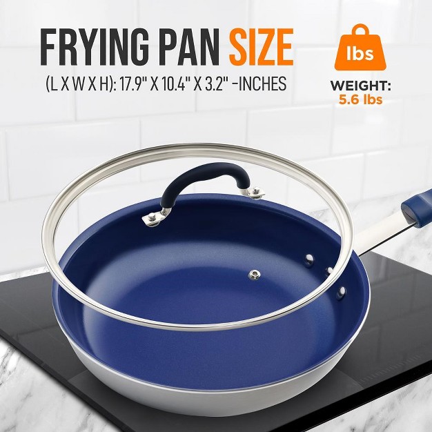 Fry Pan With Lid Medium Skillet Nonstick Frying Pan With Silicone Handle Ceramic Coating Blue Silicone Handle