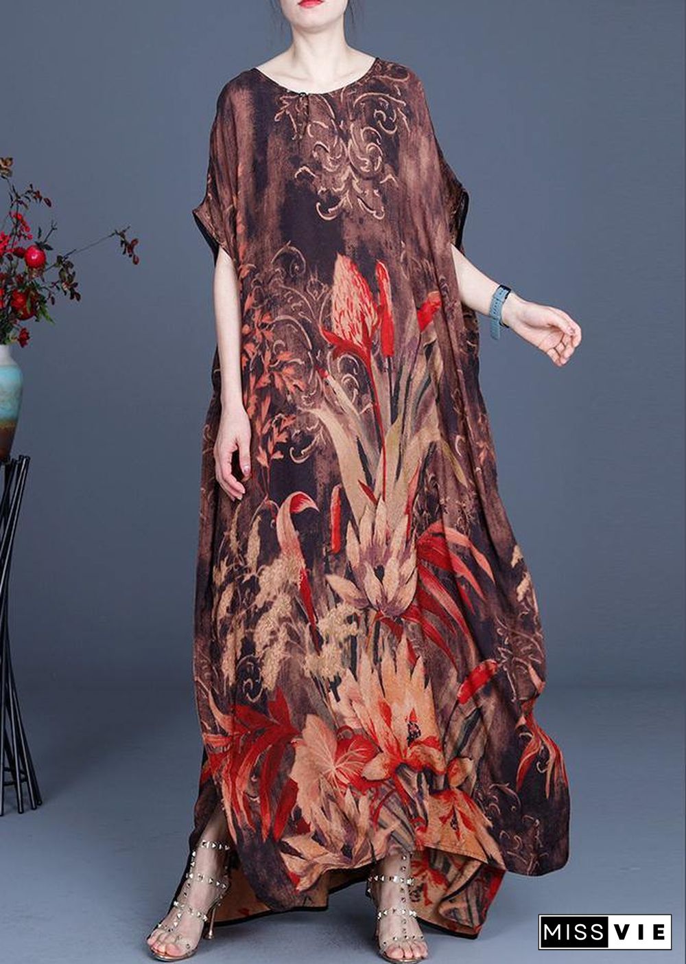 Casual Chocolate Print Silk Asymmetrical Design Low High Design Dresses Summer