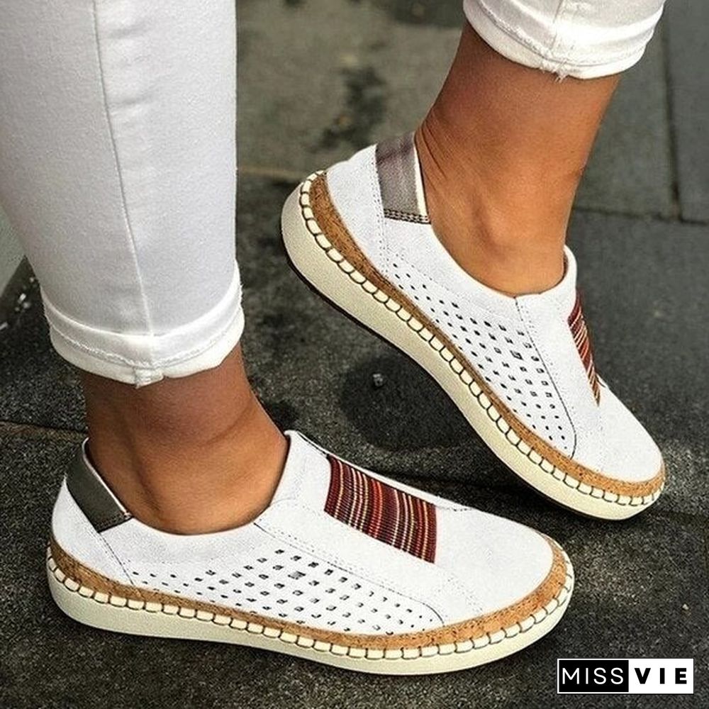 Women Slip On Sneakers Shallow Loafers Vulcanized Shoes Breathable Hollow Out Female Casual Shoes Ladies Leather Flats