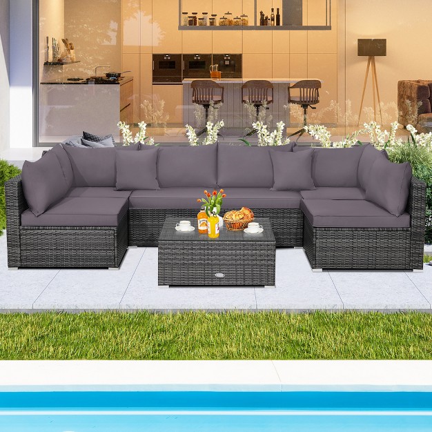 Costway 7pcs Patio Rattan Furniture Set Sectional Sofa Cushioned Garden