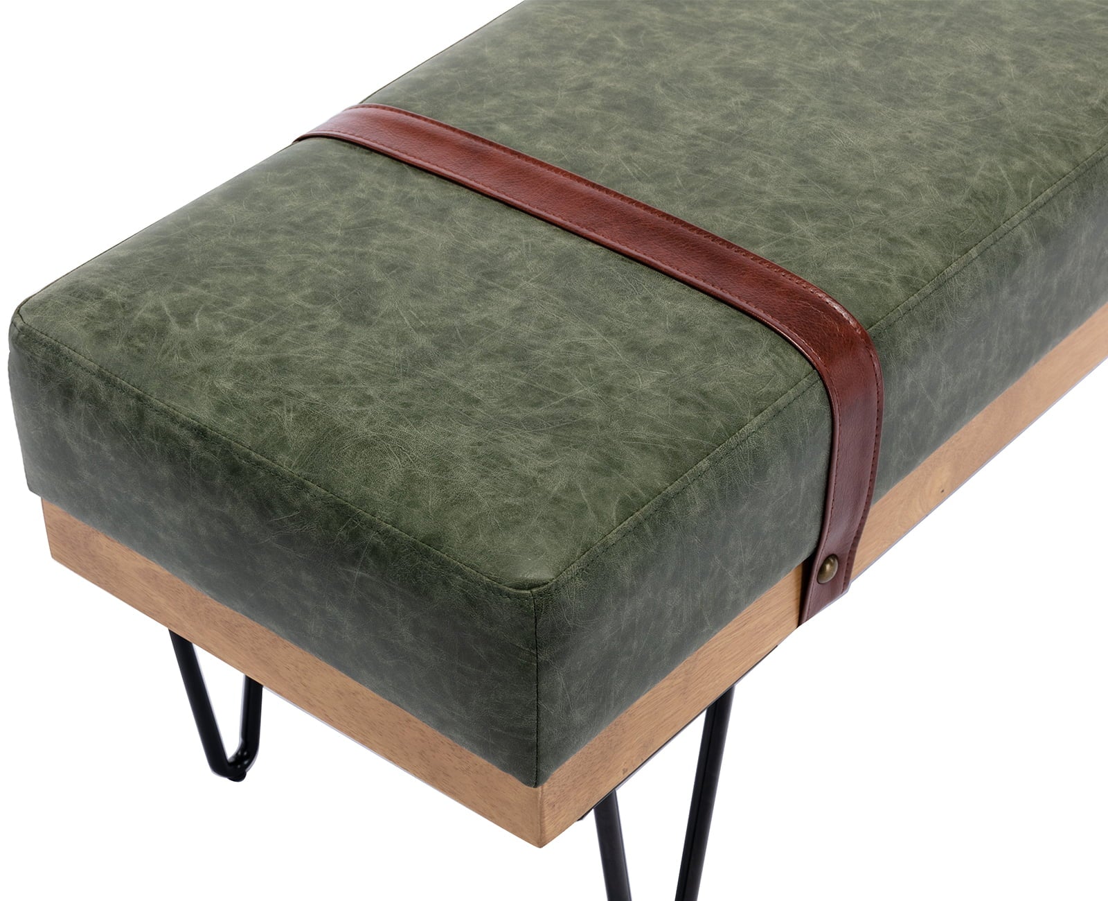 Guyou Modern Faux Leather Rectangle Ottoman Bench with Two Straps and Metal Legs, Upholstered Bed End Bench Entryway Shoe Bench Dining Table Bench Footstool for Bedroom Living Room, Green