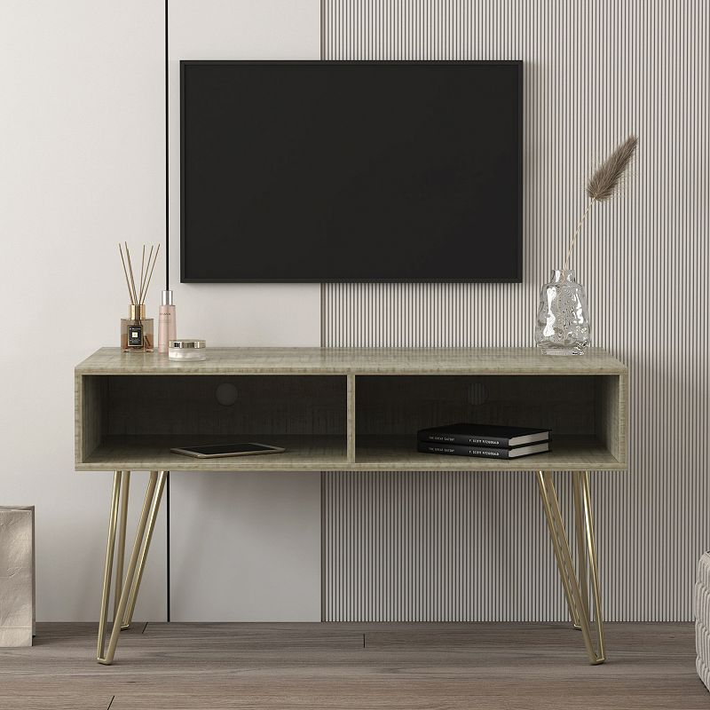 FC Design Modern Design TV stand stable Metal Legs  with 2 open shelves to put TV， DVD， router， books， and small ornaments，Grey