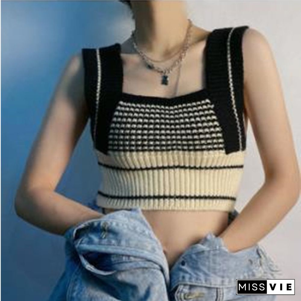 Women Autumn Fashion Knitted Vest Loose Patchwork Sweater Vintage Square Neck Sleeveless Female Waistcoat Chic Tops