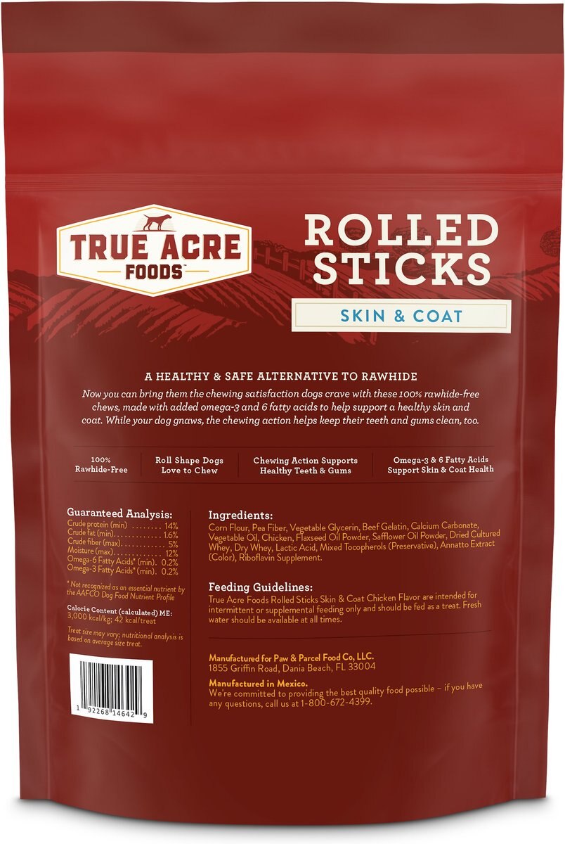 True Acre Foods Rawhide-Free Rolled Sticks， Skin and Coat Chicken Flavor Treats， 16 count