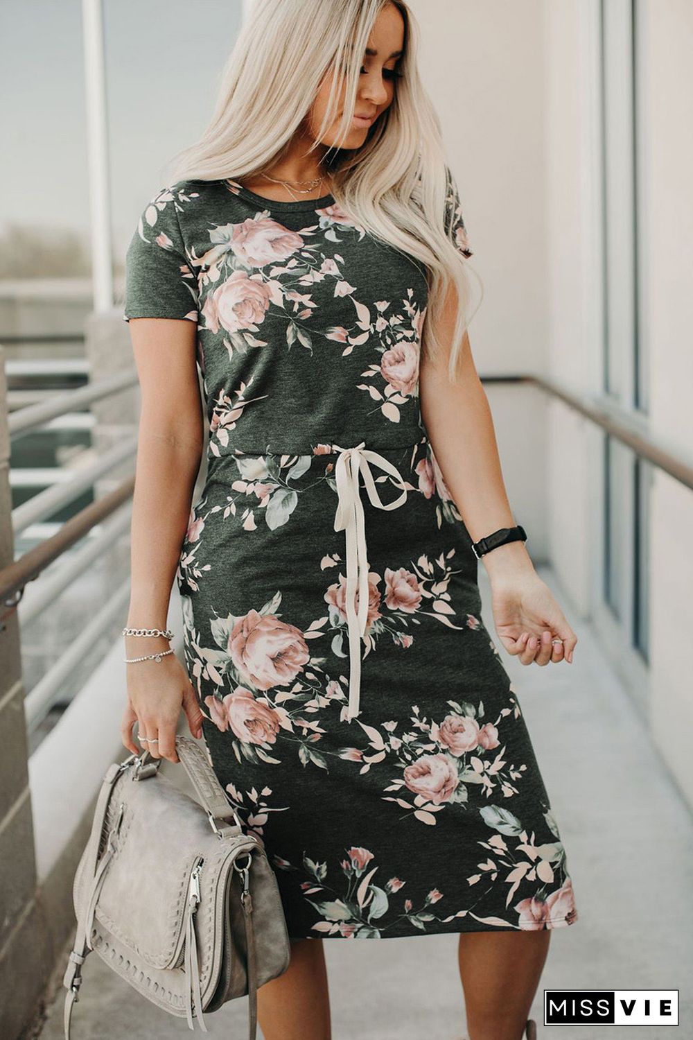 Short Sleeve Pocketed Drawstring Casual Floral Dress