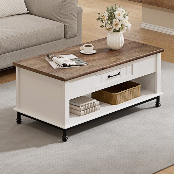 Farmhouse Coffee Table， Large Rectangle Storage Center with Drawer for Living Room