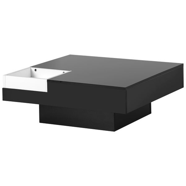 Square Coffee Table with Detachable Tray and Plug-in 16-color LED Strip Lights Remote Control Sofa Table for Living Room