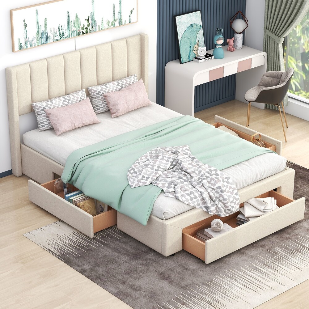 Queen Size Upholstered Platform Bed with A Drawer in The Footboard   Drawers on Each Side  Modern Linen Finish Bed Frame  Beige