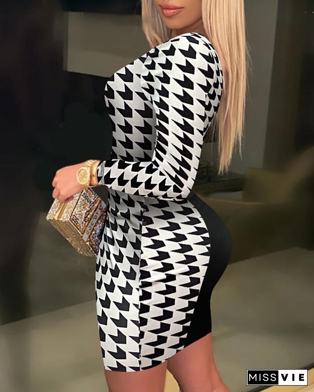 Houndstooth Print Long Sleeve Bodycon Dress P12375