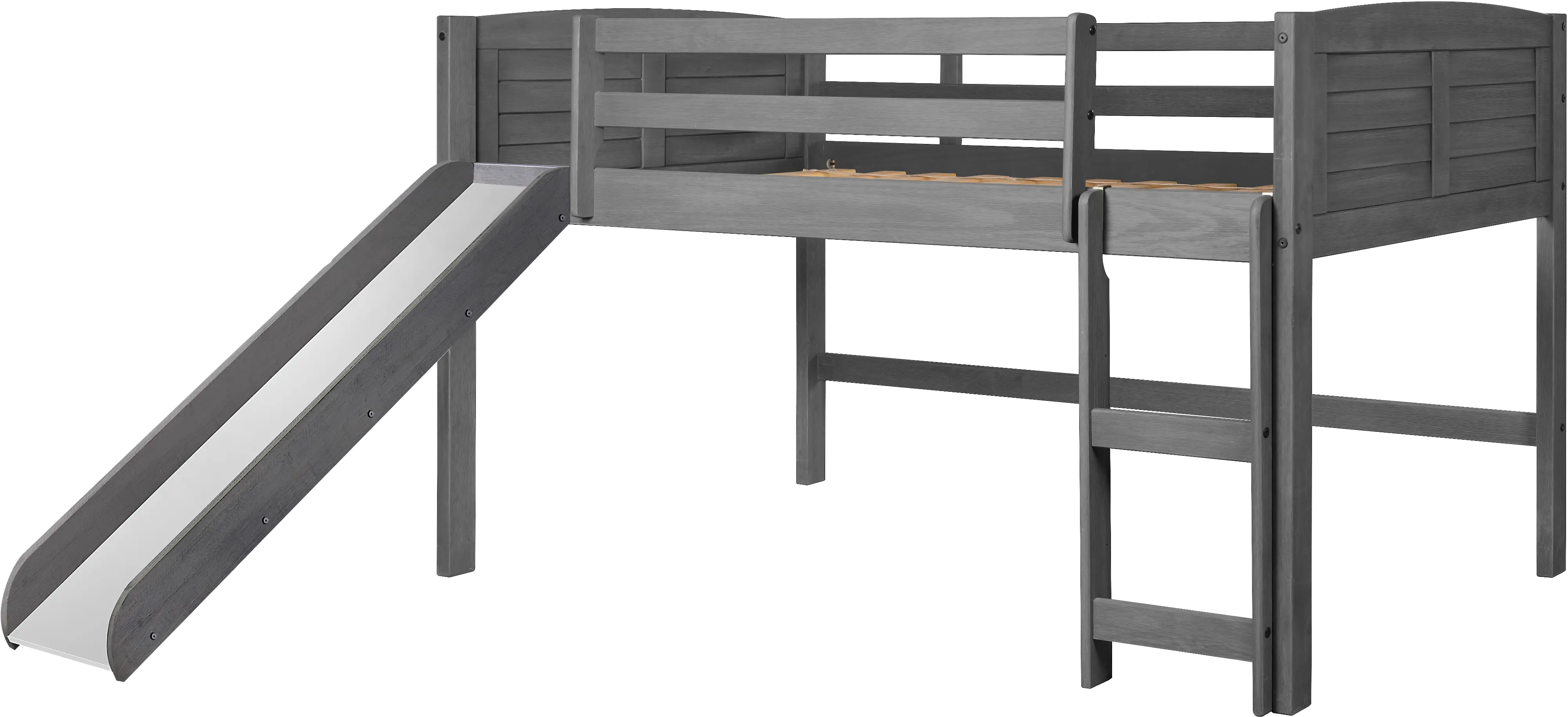 Louver Antique Gray Twin Loft Bed with Slide