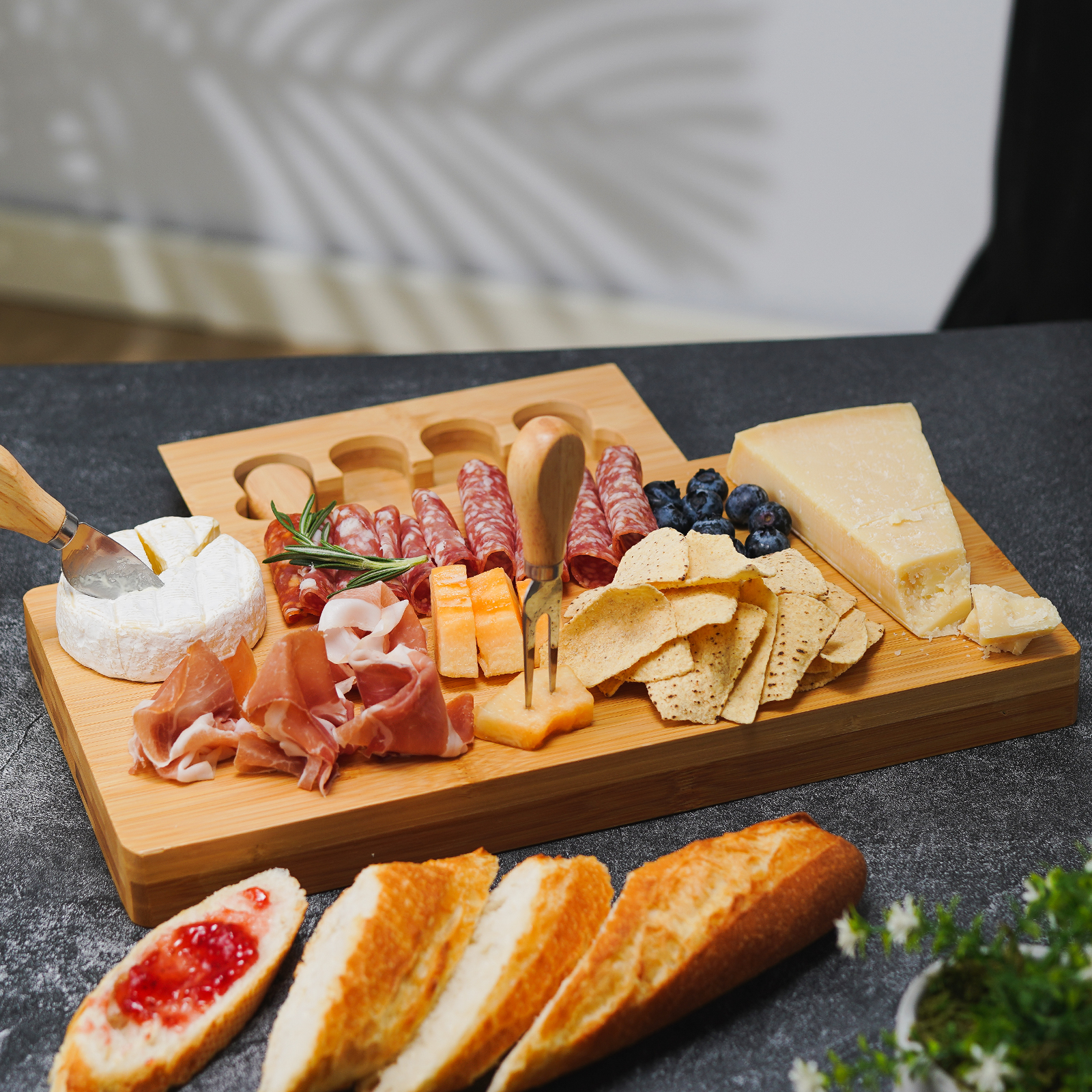 EURO SAKURA Bamboo Cheese Board Set， Wooden Charcuterie Board Serving Platter with Knife Set (7.5x15.5)