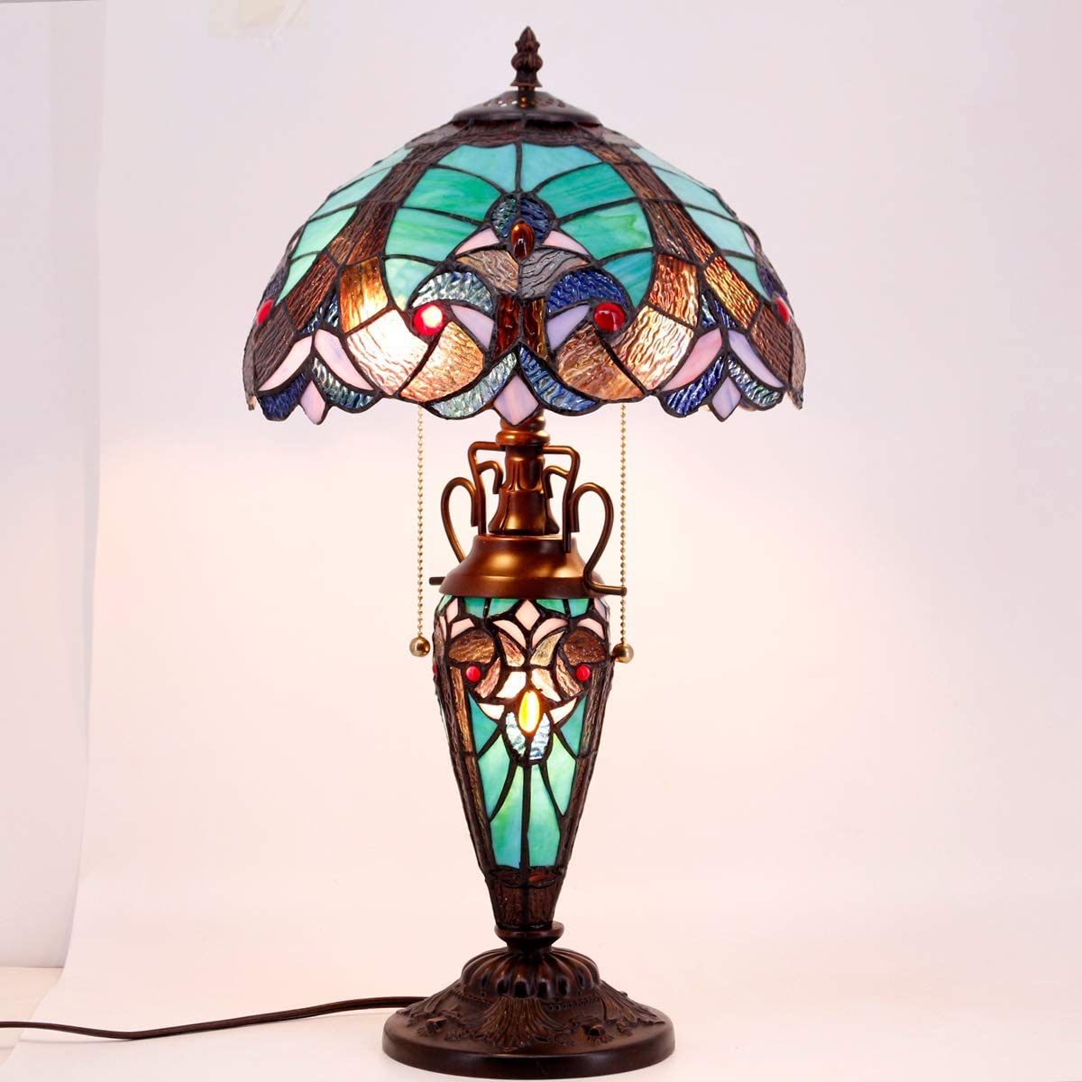 GEDUBIUBOO Tiffany Style Table Lamp Green Stained Glass Liaison Lamp 12X12X22 Inches Mother-Daughter Vase Desk Reading Light Decor Bedroom Living Room  Office S160G Series