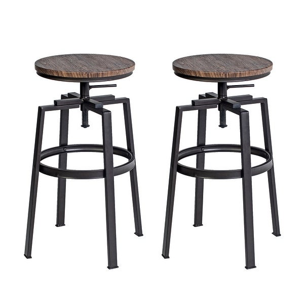 Set of 2 Swivel Adjustable Height Metal and Wood Bar Stools