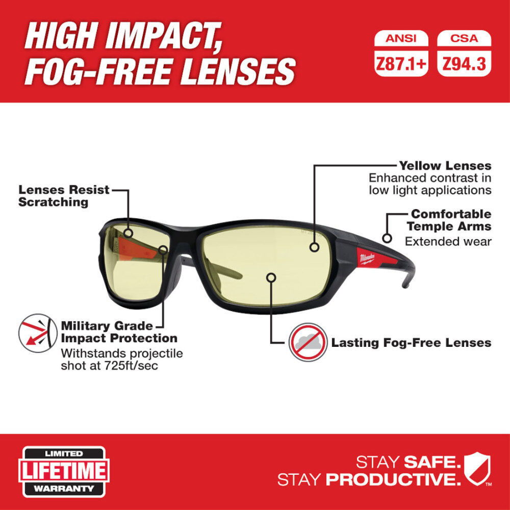 Milwaukee Performance Safety Glasses - Yellow Fog-Free Lenses 48-73-2120 from Milwaukee