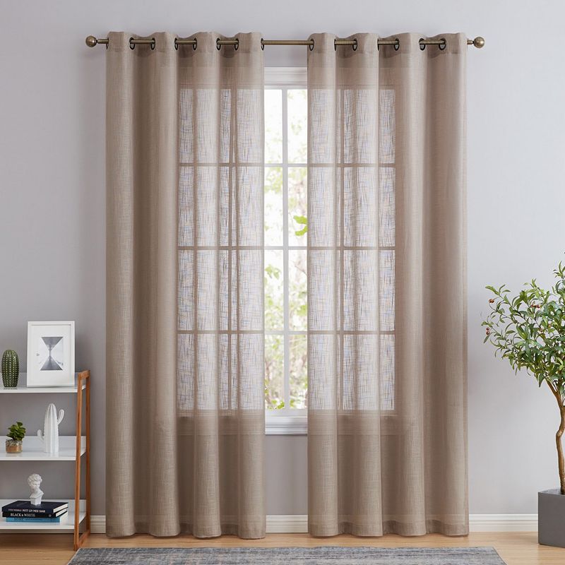 THD Serena Faux Linen Textured Semi Sheer Privacy Sun Light Filtering Transparent Window Grommet Long Thick Curtains Drapery Panels for Bedroom and Living Room， Set of 2