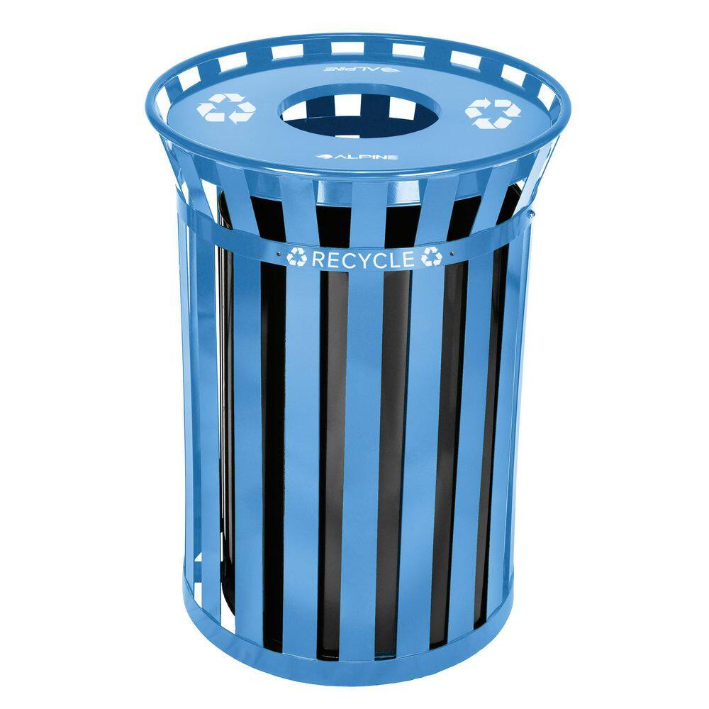 Alpine Industries 38 Gal. Blue Metal Slatted Outdoor Commercial Recycling Receptacle Trash Can 479-38-BLU