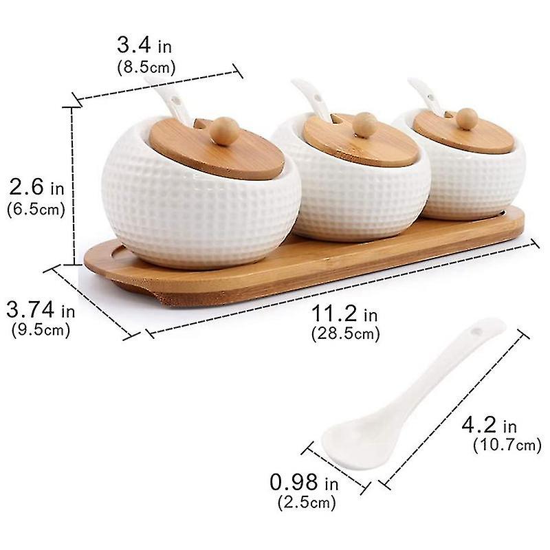 New Porcelain Condiment Jar Spice Container With Lids - Bamboo Cap Holder Ceramic Serving Spoon Wooden Tray