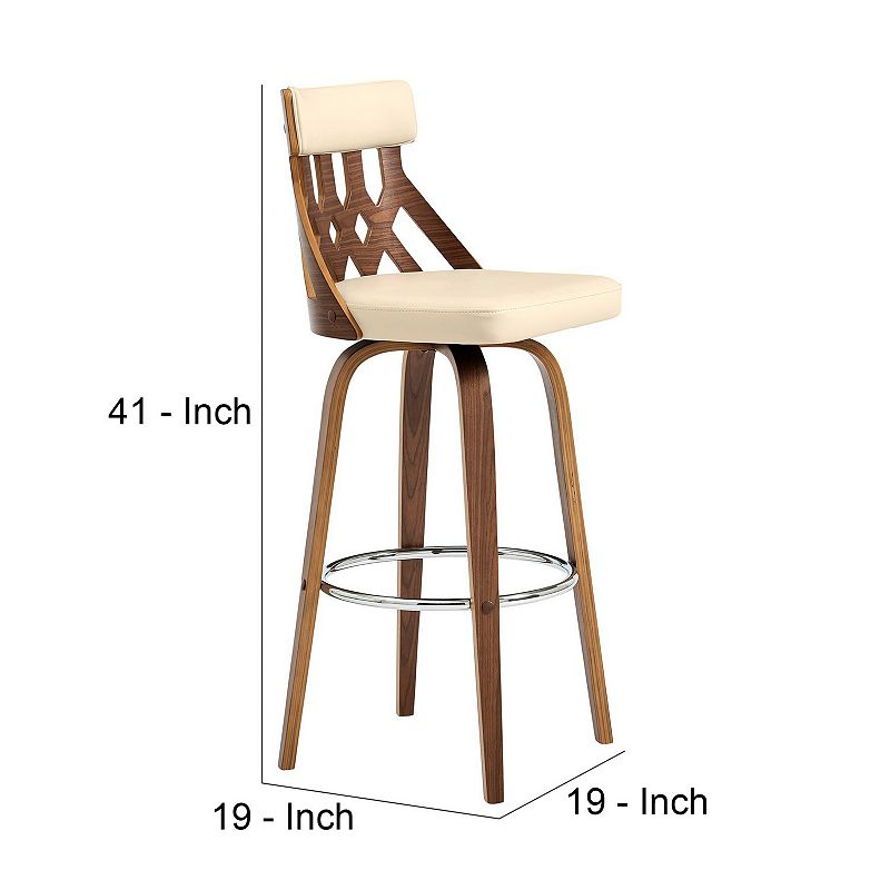 30 Inch Swivel Bar Stool， Geometric Cut Out Curved Back， Cream