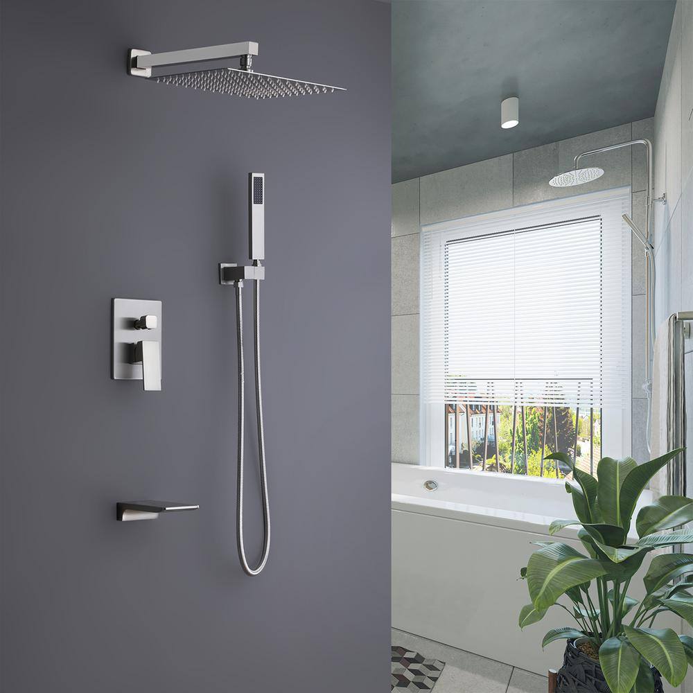 GIVING TREE 2-Spray 10 in. Square Rain Shower Head with Hand Shower and Waterfall Tub Faucet in Brushed Nickel (Valve Included) HDYN-MM0027