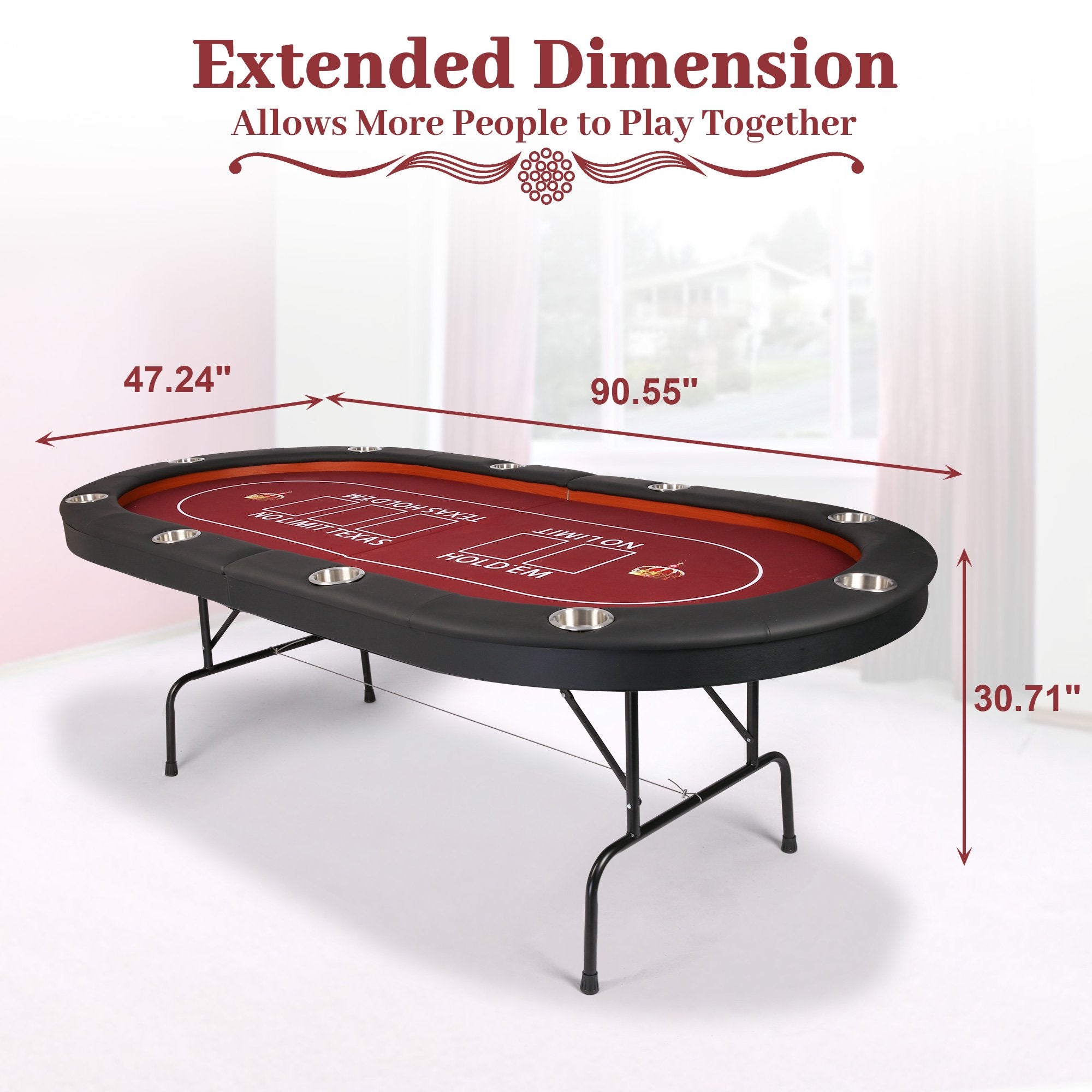 KARMAS PRODUCT Foldable Poker Table - 10 Players Texas Holdem Poker Table, Casino Table for Blackjack Board Game w/Deep Steel Cup Holder - Red Felt Surface