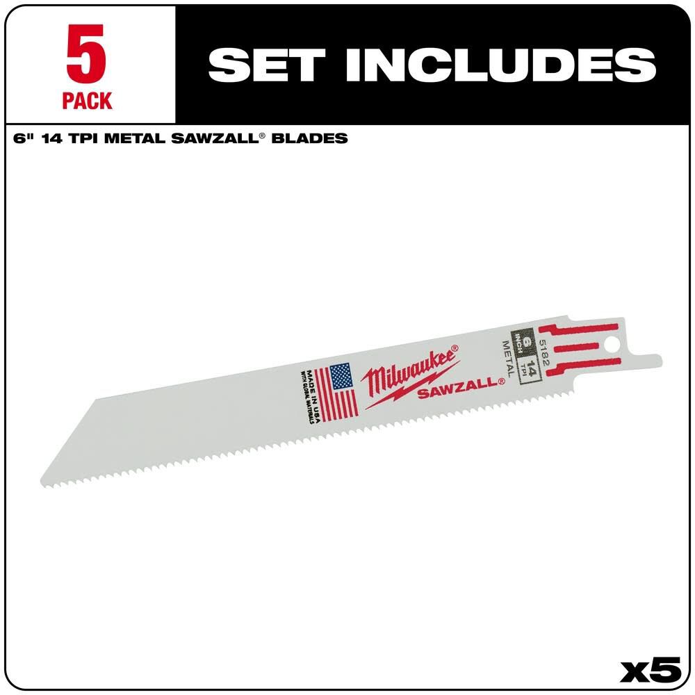 Milwaukee 6 in. 14 TPI Thin Kerf SAWZALL Blades 5PK 48-00-5182 from Milwaukee