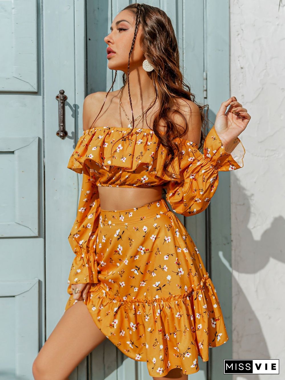 Printed Off Shoulder Top And Tiered Skirt Set