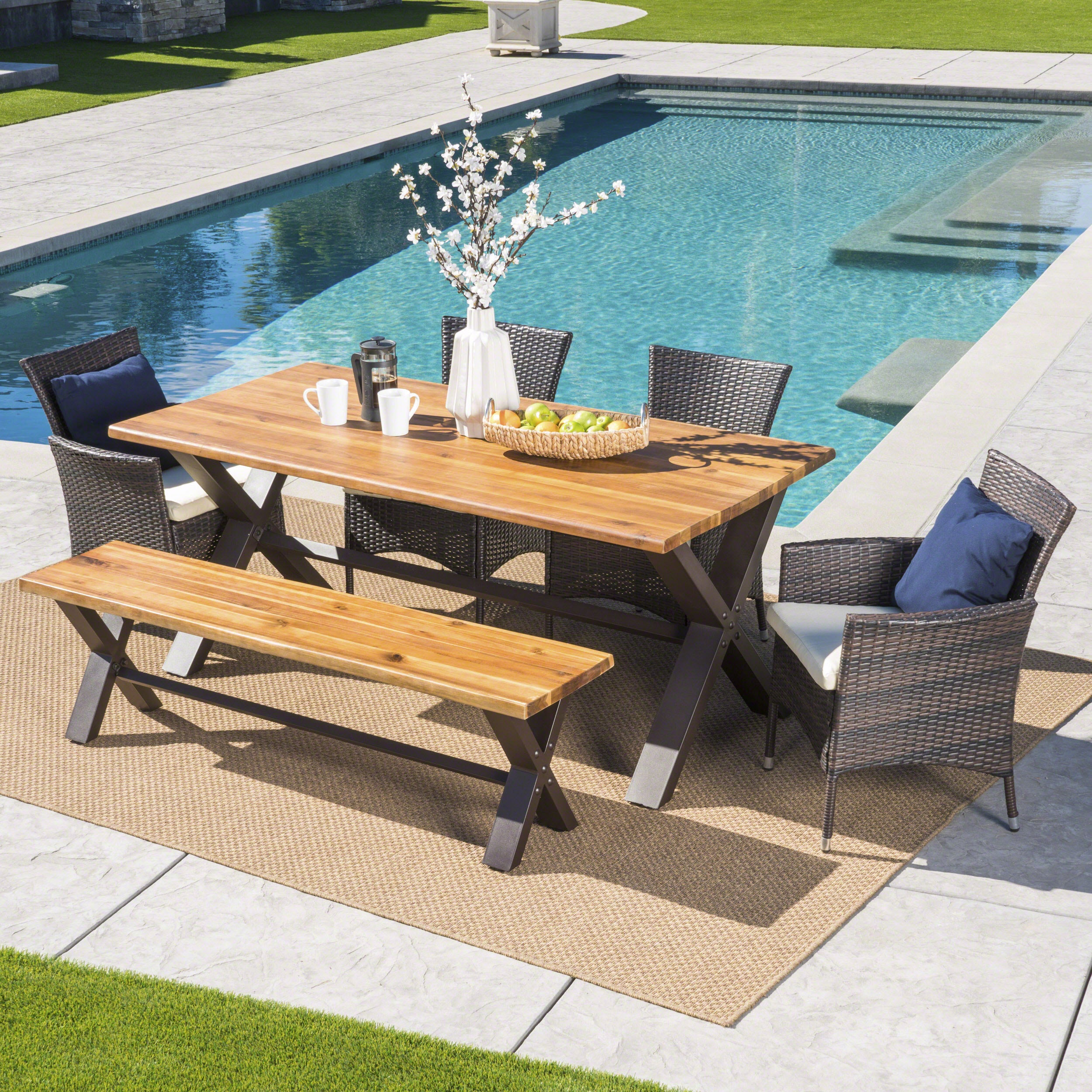 Trellis Outdoor 6 Piece Acacia Wood Dining Set with Wicker Dining Chairs