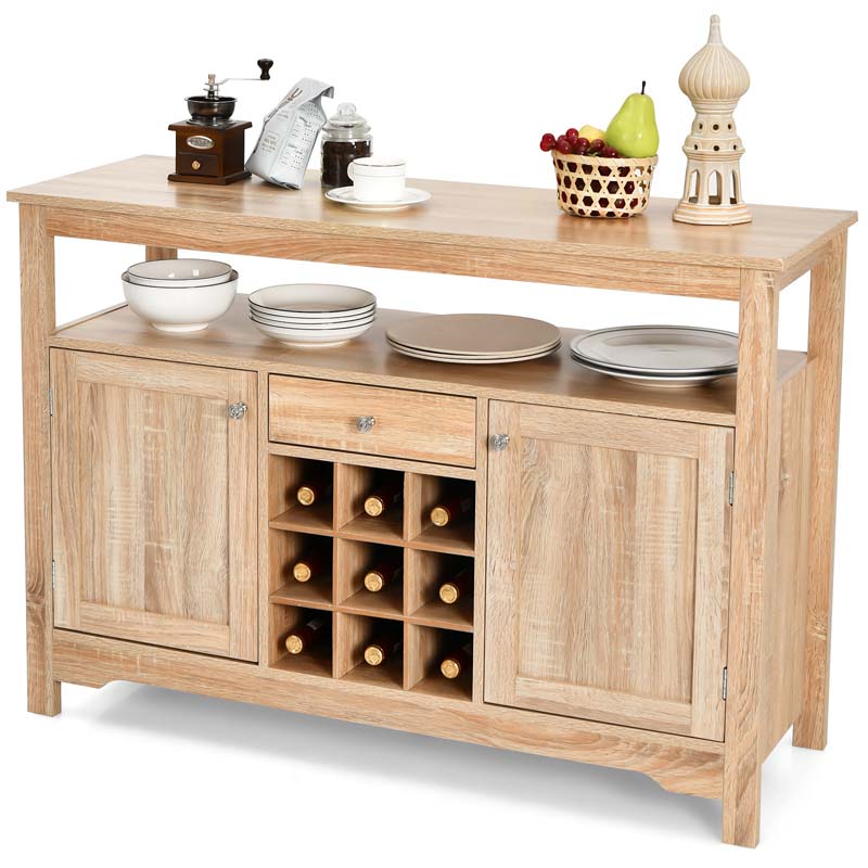 Wood Buffet Server Sideboard Console Table Utensils Organizer with 9 Wine Grids, 1 Drawer & 2 Cabinets