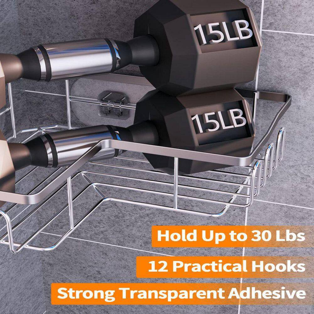 Dracelo 2-Pack Silver Adhesive Stainless Steel Corner Shower Caddy Organizer Shelf with 12 hooks B0B3CYD1K6