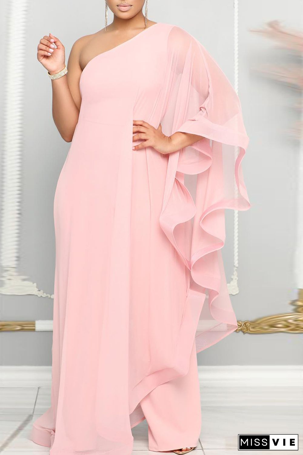 Pink Casual Daily Elegant Patchwork Solid Color One Shoulder Regular Jumpsuits